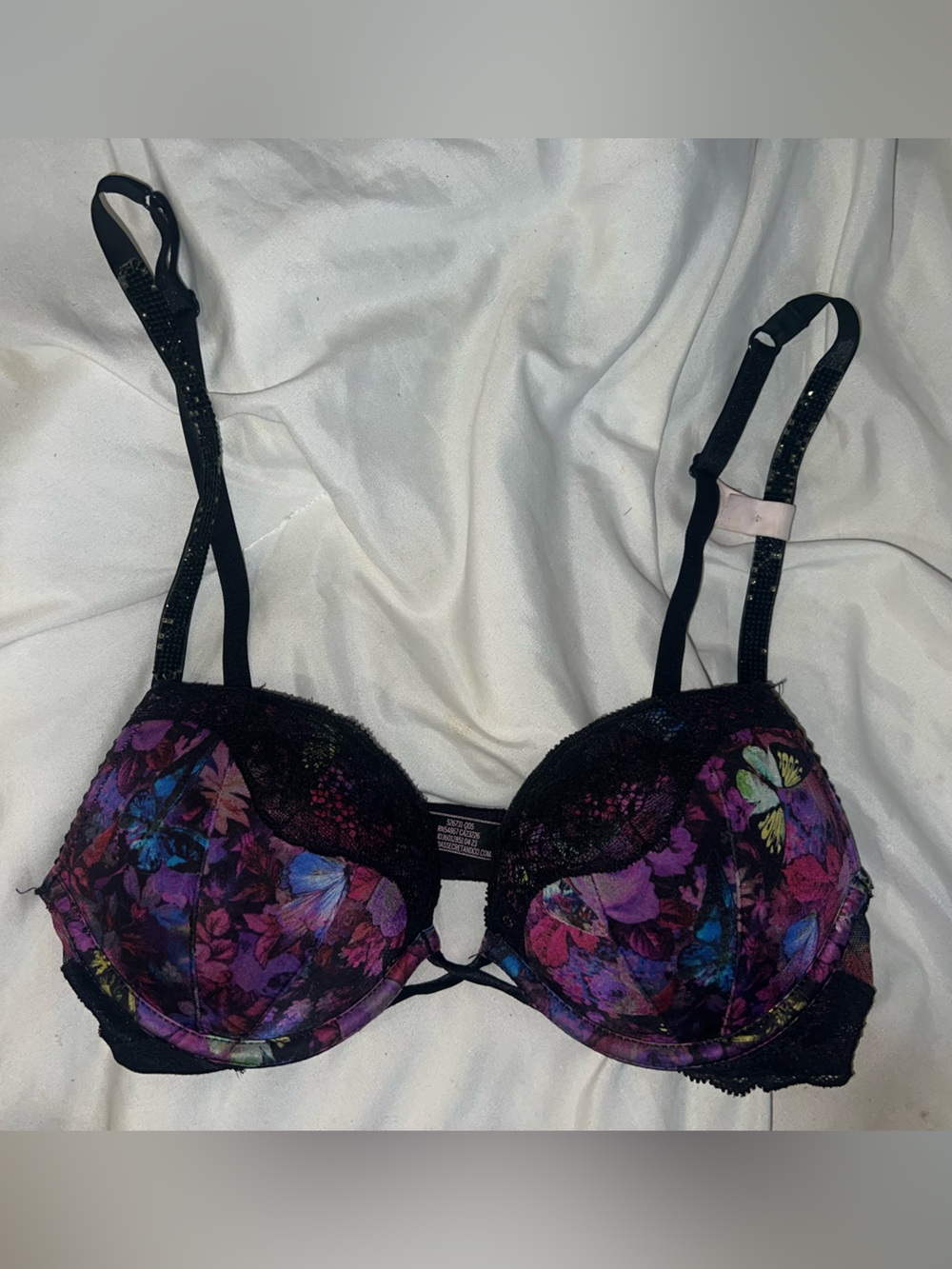 Victoria's Secret Black Lace Underwire Bra with Purple Floral Print